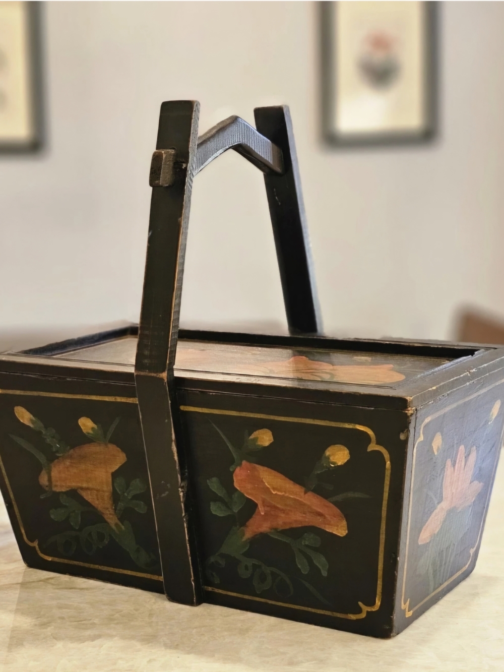 Antique Chinese Wooden Wedding Box/ Rice Basket Hand Painted 19th Cent.